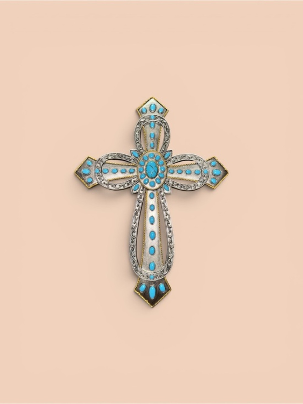 Simulated Turquoise Stone Silver Cross with Filagree Home Decoration Religious